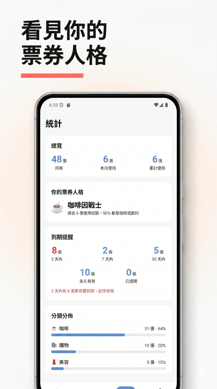 App 統計：持有與使用張數、到期提醒、分類分佈