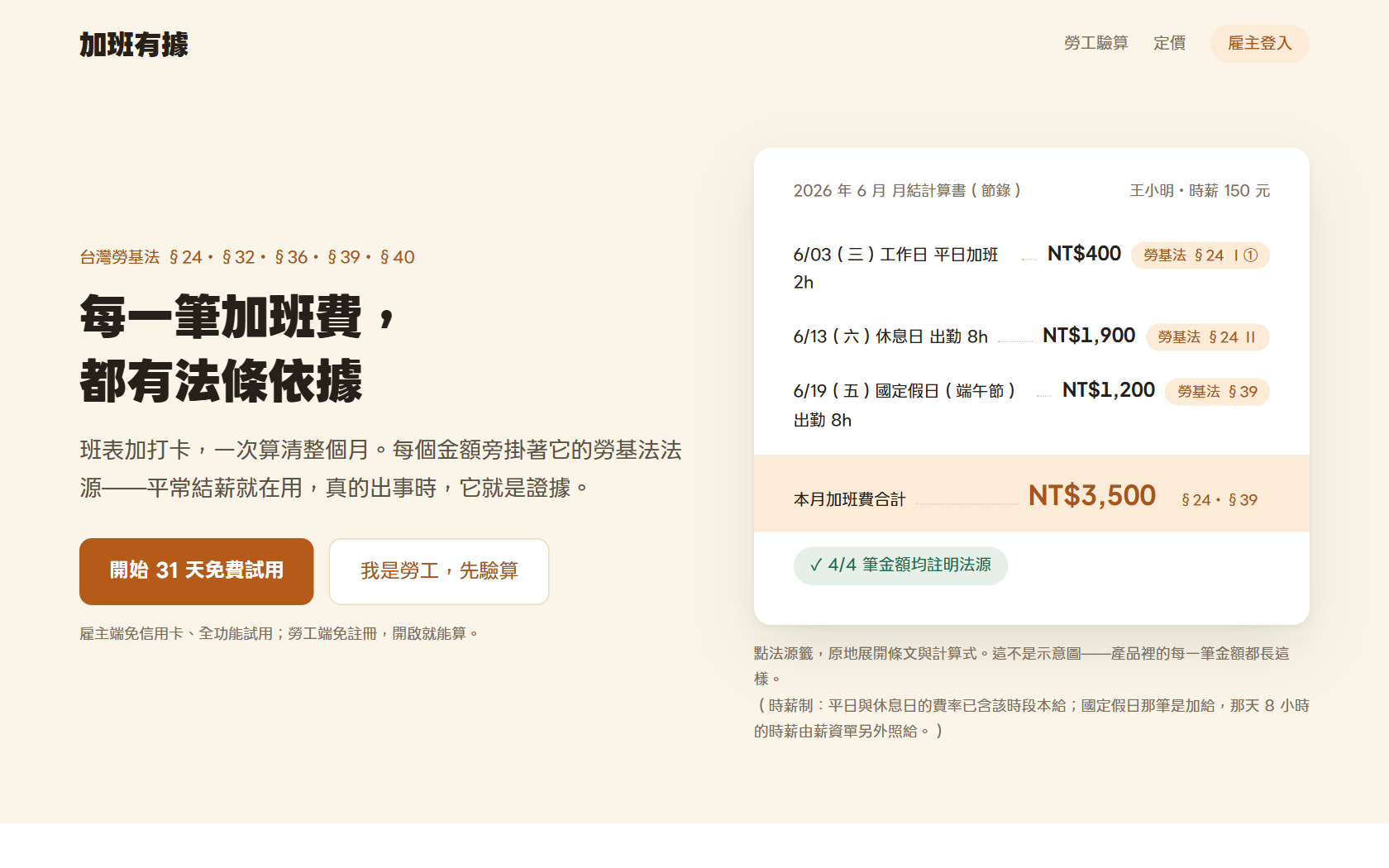 加班有據首頁：每一筆加班費都有法條依據，月結計算書節錄附勞基法法源籤